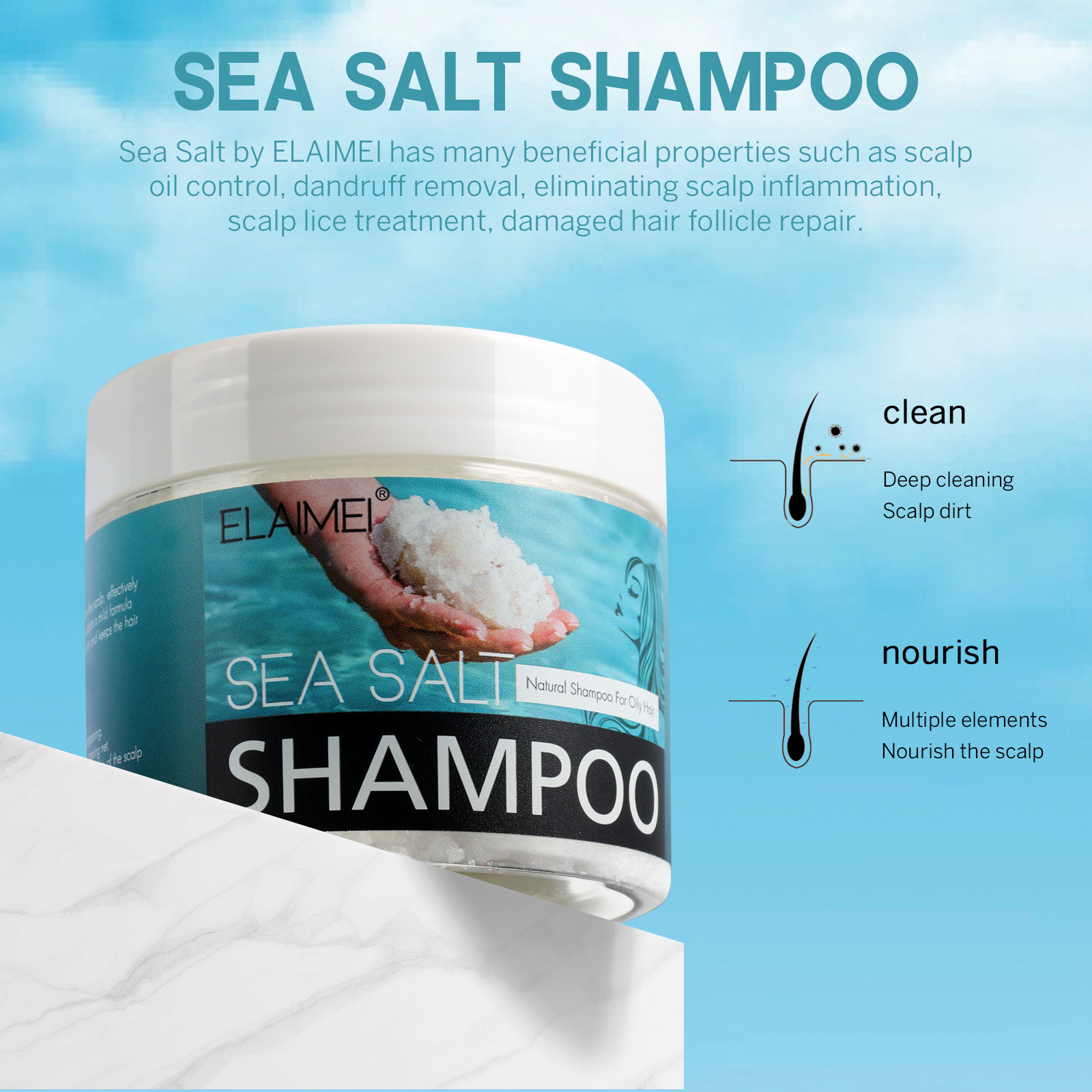 Organic hair care products Sea salt shampoo oil control to remove dandruff Soothing Clean hair follicle Clean bath salt shampoo