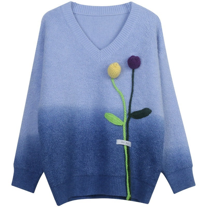 Hand Crochet Floral Decoration Dip Dye Knitwear Jumper Ladies Sweater Pullover