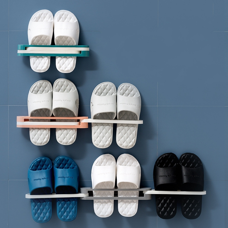 Wall mounted folding storage shoe rack no trace suction wall type plastic slipper rack