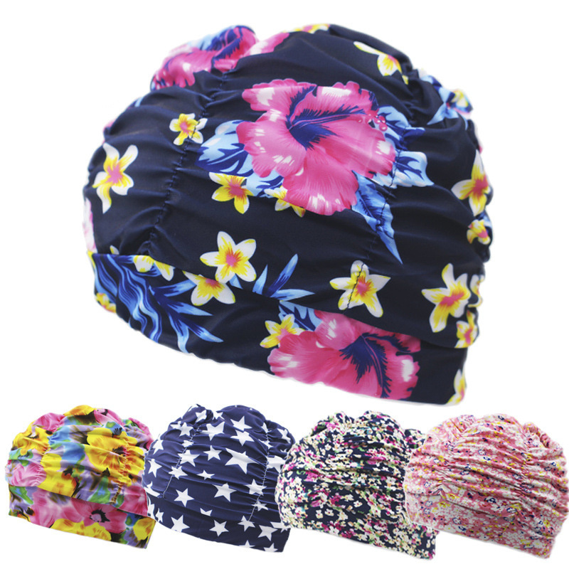 1PC High Elastic Swimming Cap Men Women Free Size Solid Flowers Printed Long Hair Sports Swim Pool Hat Nylon Turban