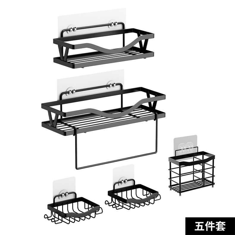 Custom Design Black Adjustable Floating Shelf With Hanging Rod Bathroom Storage Organizer Shelves