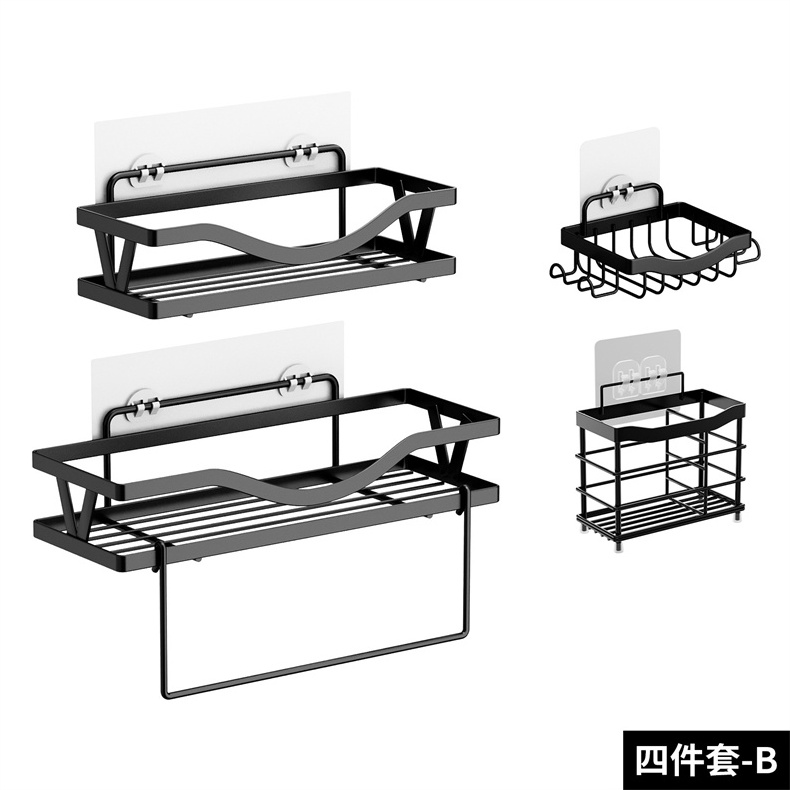 Custom Design Black Adjustable Floating Shelf With Hanging Rod Bathroom Storage Organizer Shelves