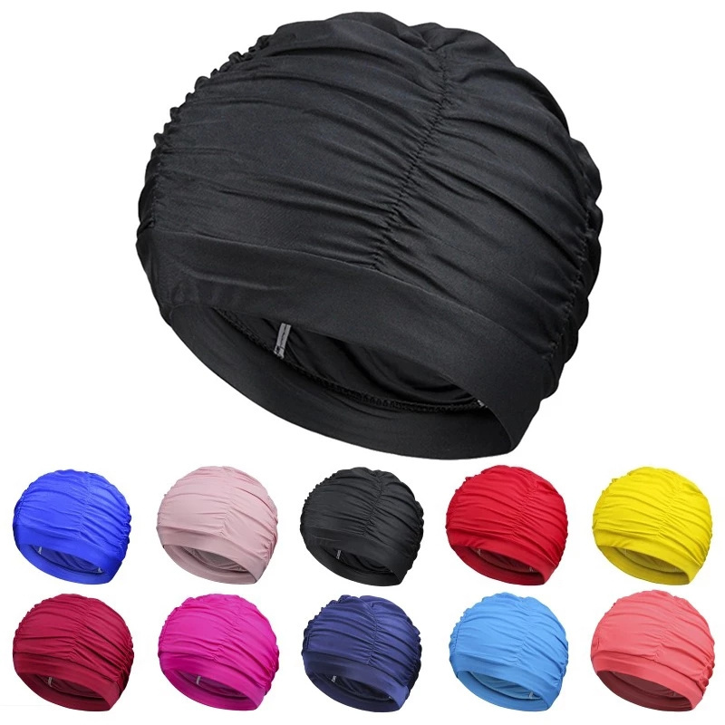 1PC High Elastic Swimming Cap Men Women Free Size Solid Flowers Printed Long Hair Sports Swim Pool Hat Nylon Turban