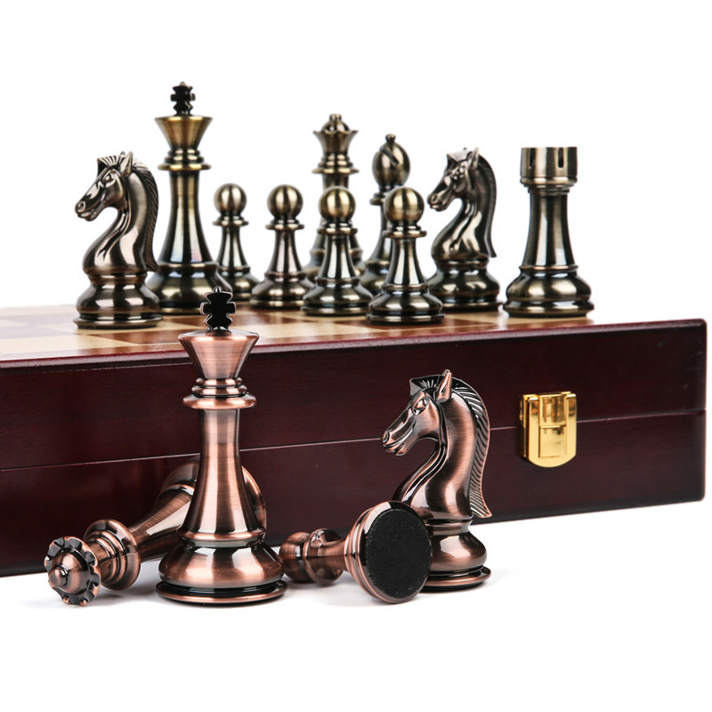 Luxury chess set gift box electroplate metal chess pieces folding wooden chessboard Acrylic large size chess game set