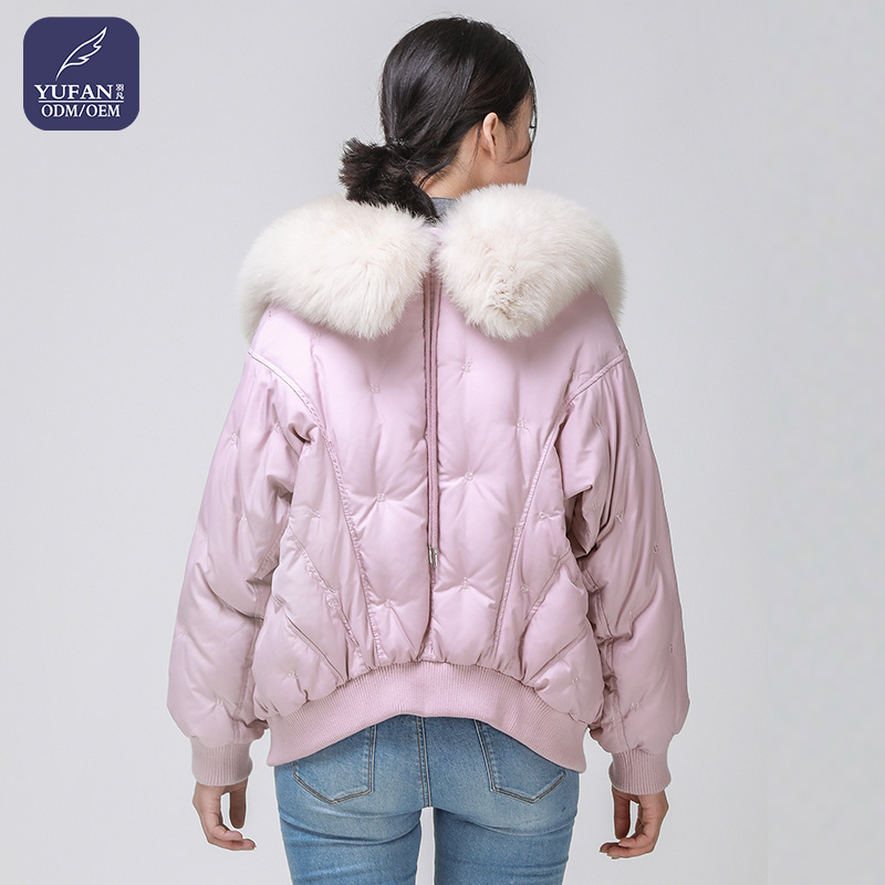 Yufan Women's 2023 Korea Style embroidered Fashion Raccoon Fur Thicker Warm Coat Turn Down Collar Duck Down Jacket