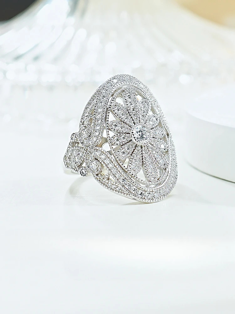 Medieval style 925 silver high carbon diamond stacked index finger personalized Instagram trendy and cool style daisy ring