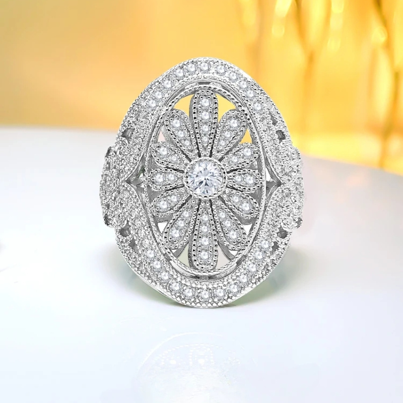 Medieval style 925 silver high carbon diamond stacked index finger personalized Instagram trendy and cool style daisy ring