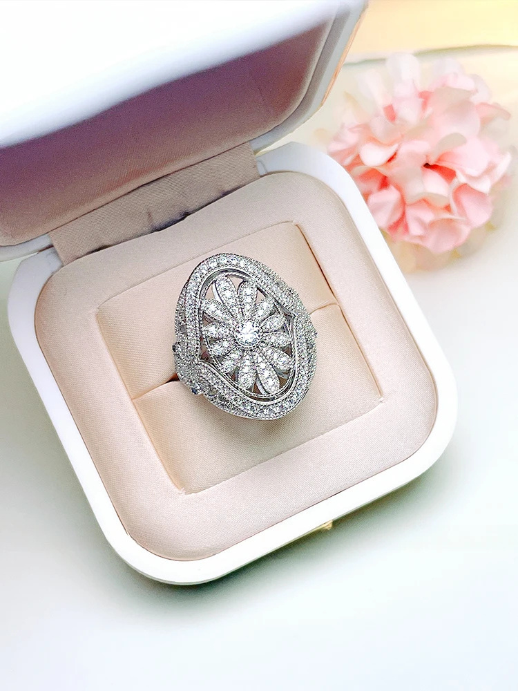 Medieval style 925 silver high carbon diamond stacked index finger personalized Instagram trendy and cool style daisy ring