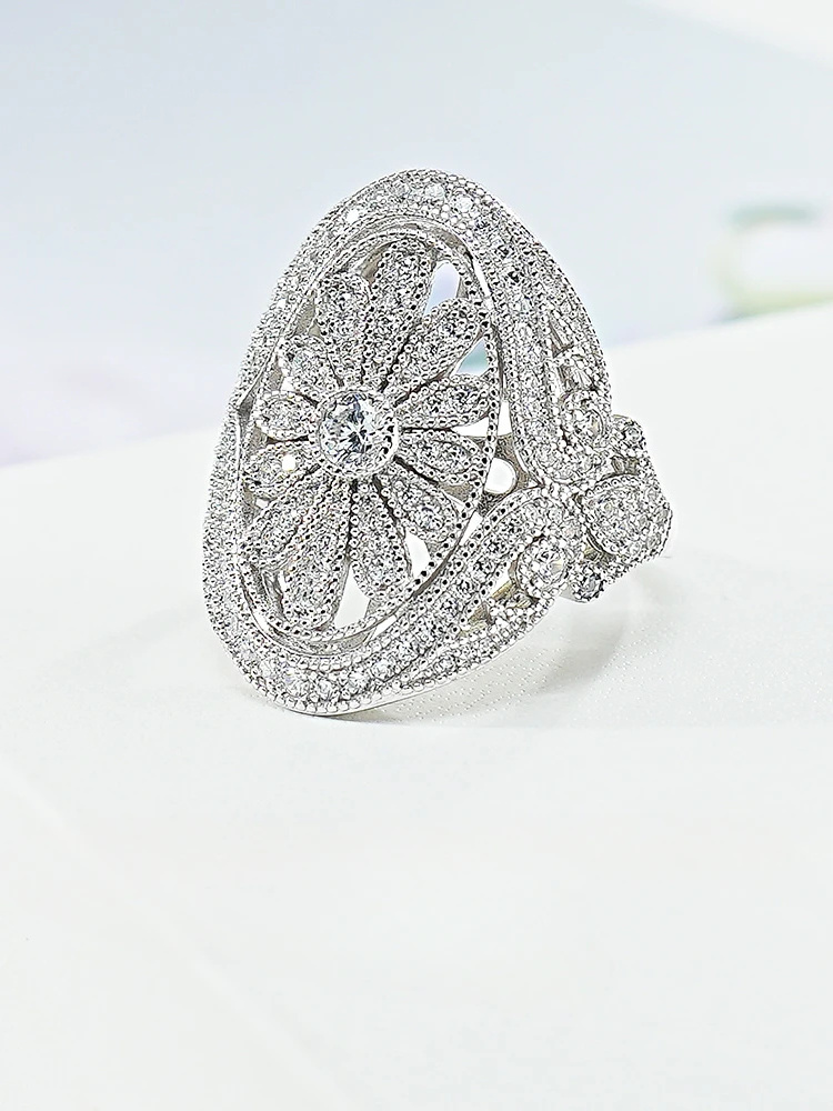 Medieval style 925 silver high carbon diamond stacked index finger personalized Instagram trendy and cool style daisy ring