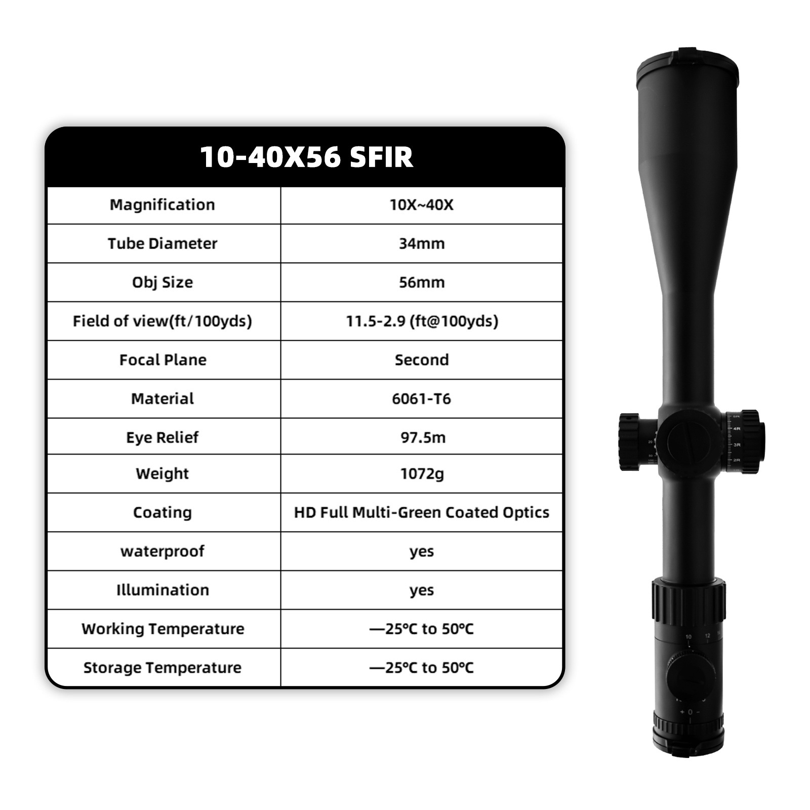 Optical Hunting Scope 10-40X56 Monocular Sight First Focal Plane illumination Etched Scope