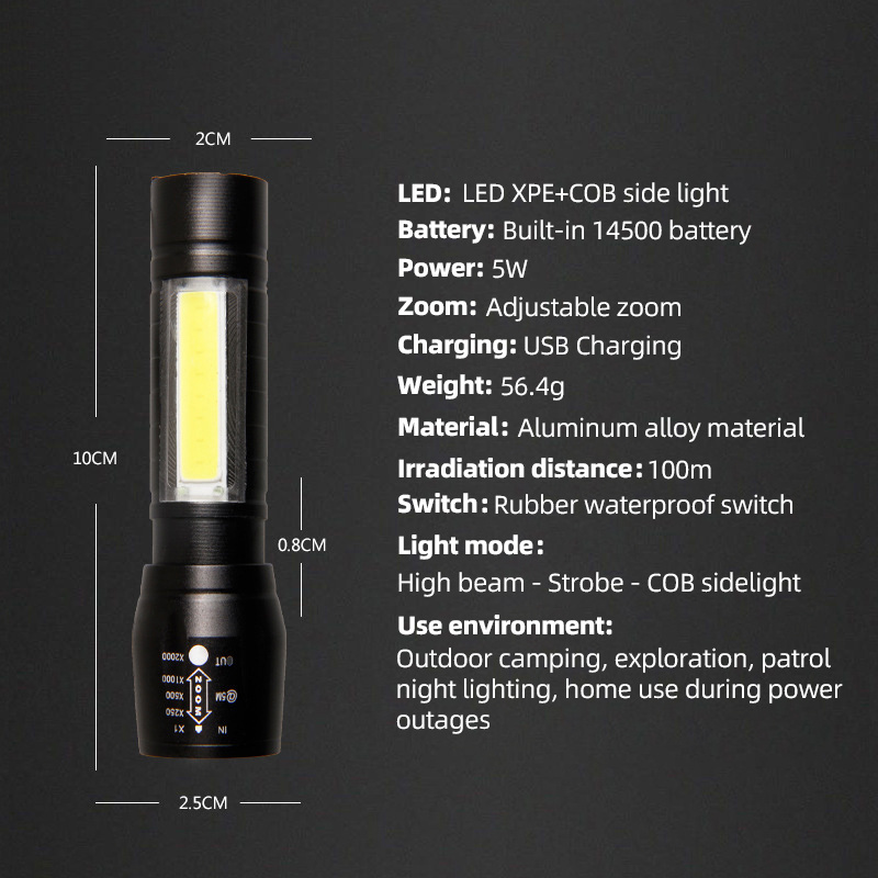 Hot sale 5w 1000 lumens COB Emergency  de led Pocket Mini Torch Lanterna USB Micro Rechargeable Dimmable Zoom Mini Flashlight