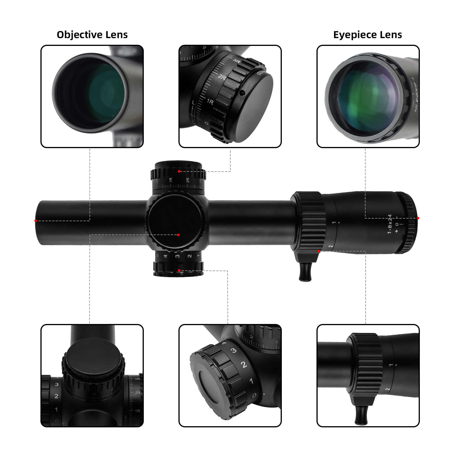 1-8X24  FFP First Focal Plane Shockproof Etched Glass High Precision Illuminated Cross Hunting Sight Scope