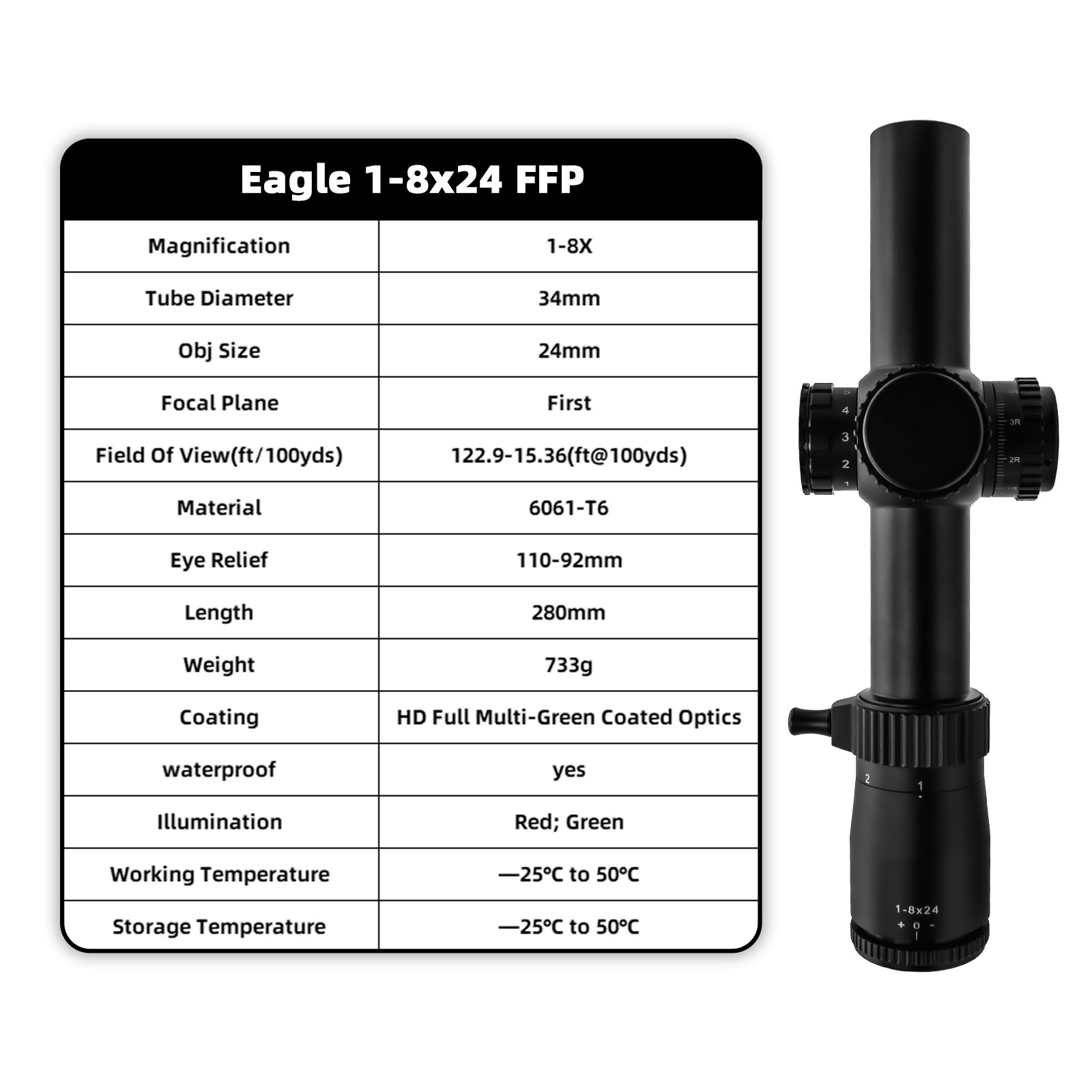 1-8X24  FFP First Focal Plane Shockproof Etched Glass High Precision Illuminated Cross Hunting Sight Scope