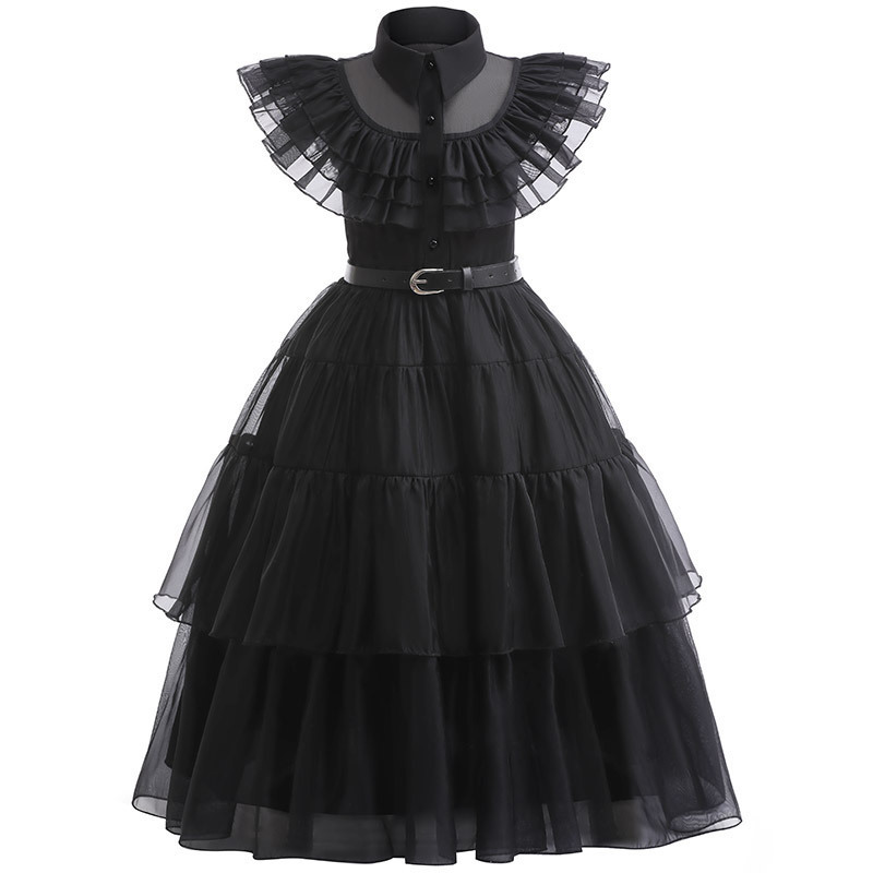 Sunny Baby Black Wednesday Addams Dress Halloween Cosplay Wednesday Addams Family Costume for 0-7T Kids and Girls