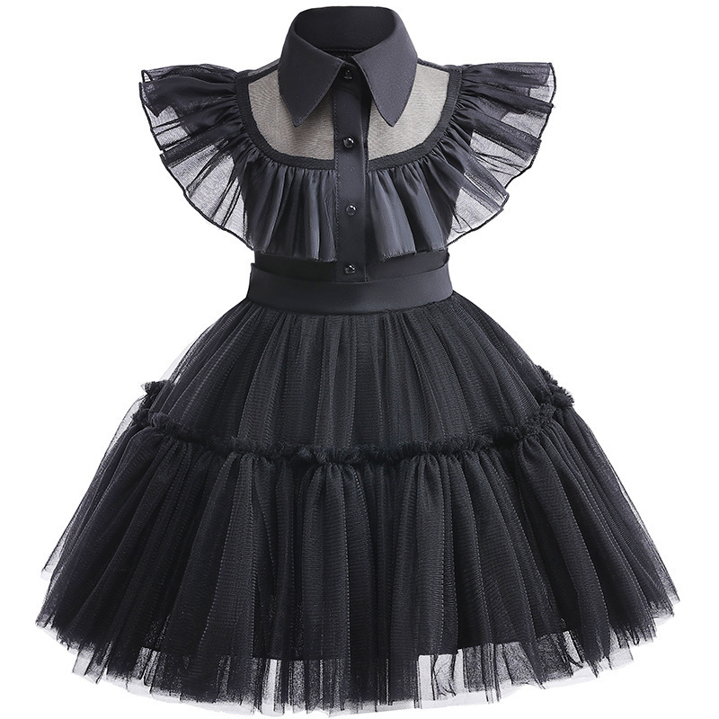 Sunny Baby Black Wednesday Addams Dress Halloween Cosplay Wednesday Addams Family Costume for 0-7T Kids and Girls