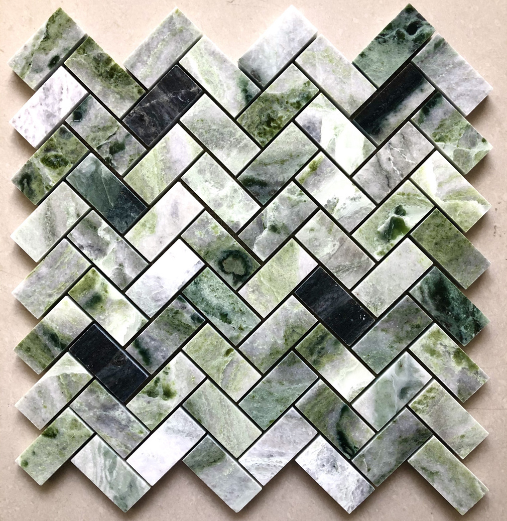 Green marble tile herringbone square ice jade natural stone mosaic for wall decoration swim pool