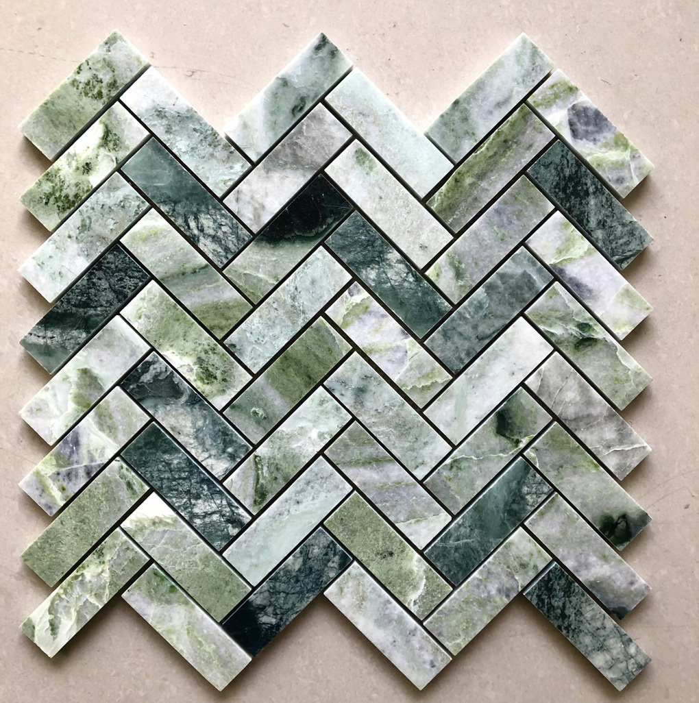 Green marble tile herringbone square ice jade natural stone mosaic for wall decoration swim pool