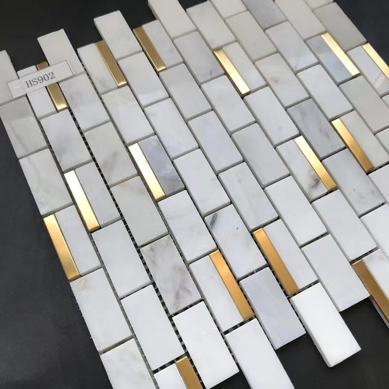 Wholesale carrara white marble mosaic gold mental design kitchen backsplash floor bathroom tile