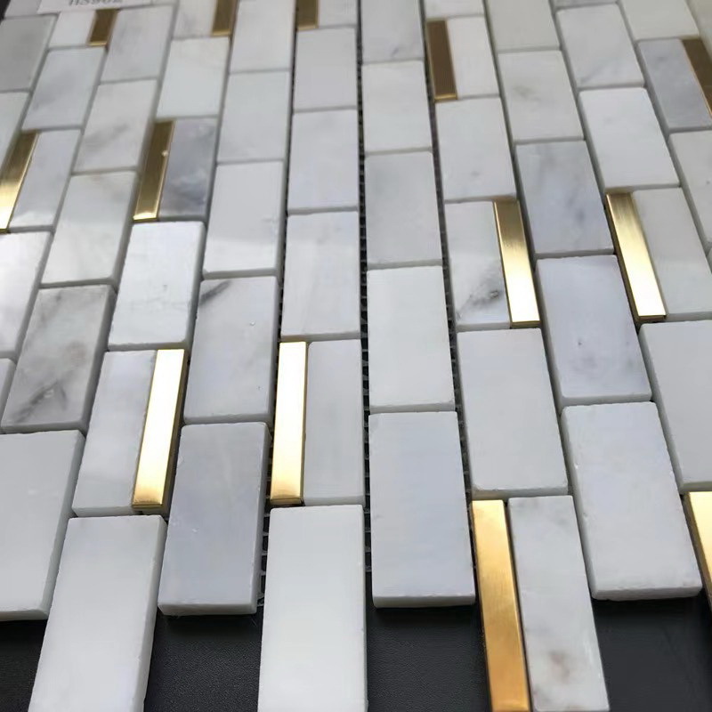 Wholesale carrara white marble mosaic gold mental design kitchen backsplash floor bathroom tile