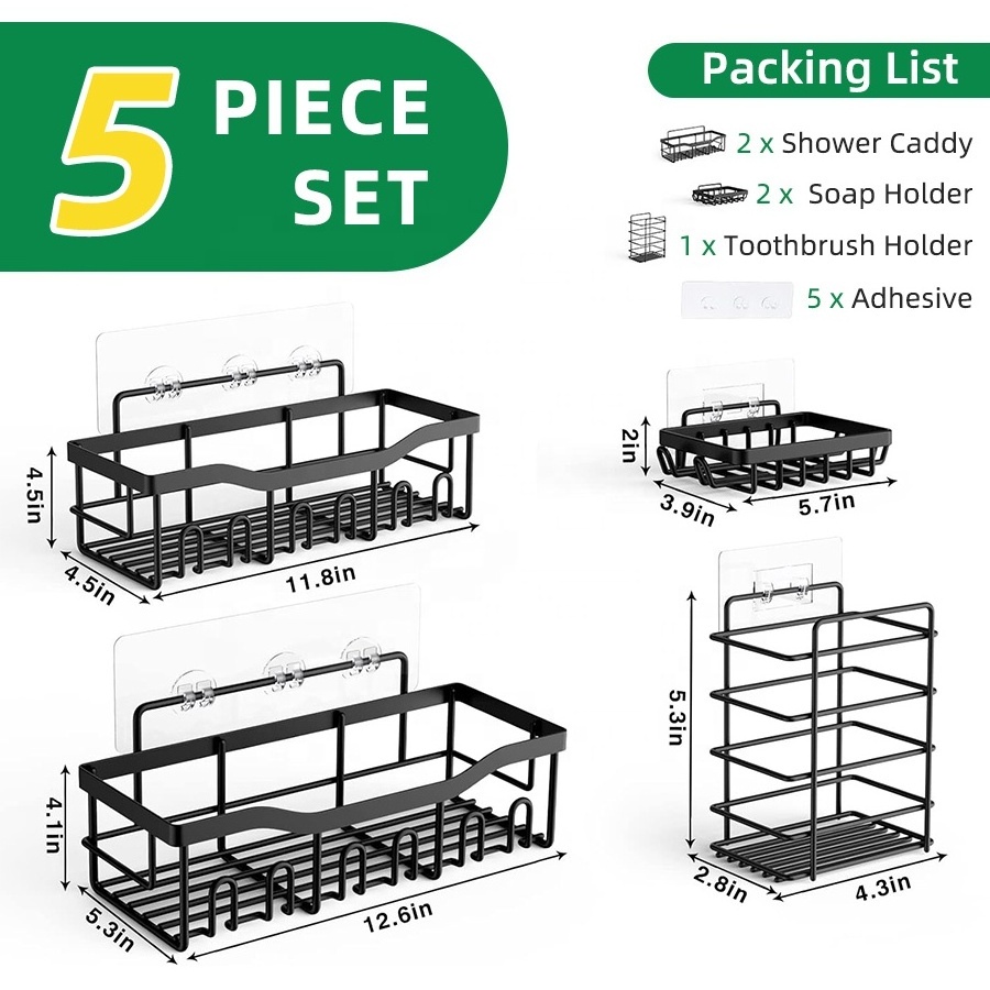 No Drilling Adhesive Customized Bathroom Holder Gel Shampoo Shelves Shower Caddy 5 Pieces