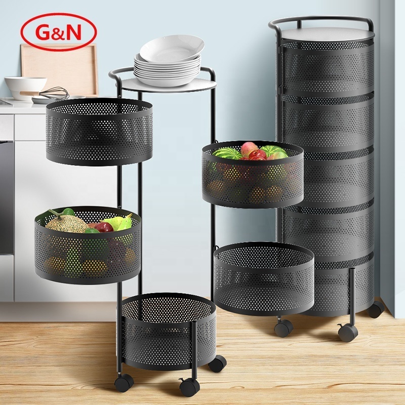 Metal Mesh Wire 4 Tier Fruit Vegetable Floor Standing Pull Out Rotating Storage Baskets For Kitchen