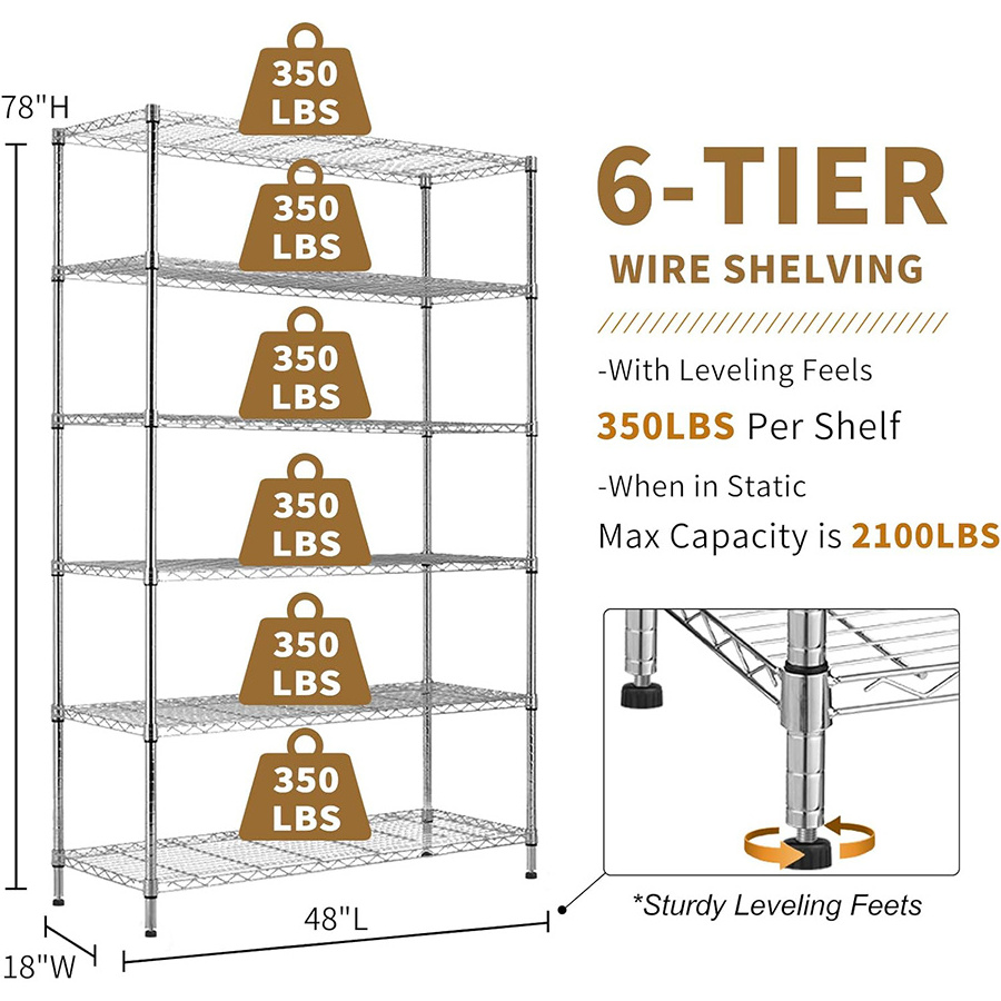 6-Tier Wire Shelving Unit Detachable Storage Shelves,  8 Adjustable Feet, Storage Rack Adjustable Metal Shelf for Pantry Closet