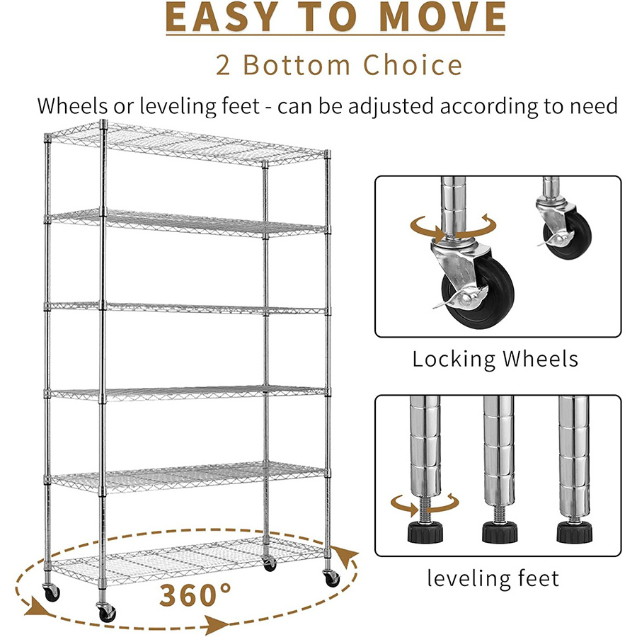 6-Tier Wire Shelving Unit Detachable Storage Shelves,  8 Adjustable Feet, Storage Rack Adjustable Metal Shelf for Pantry Closet