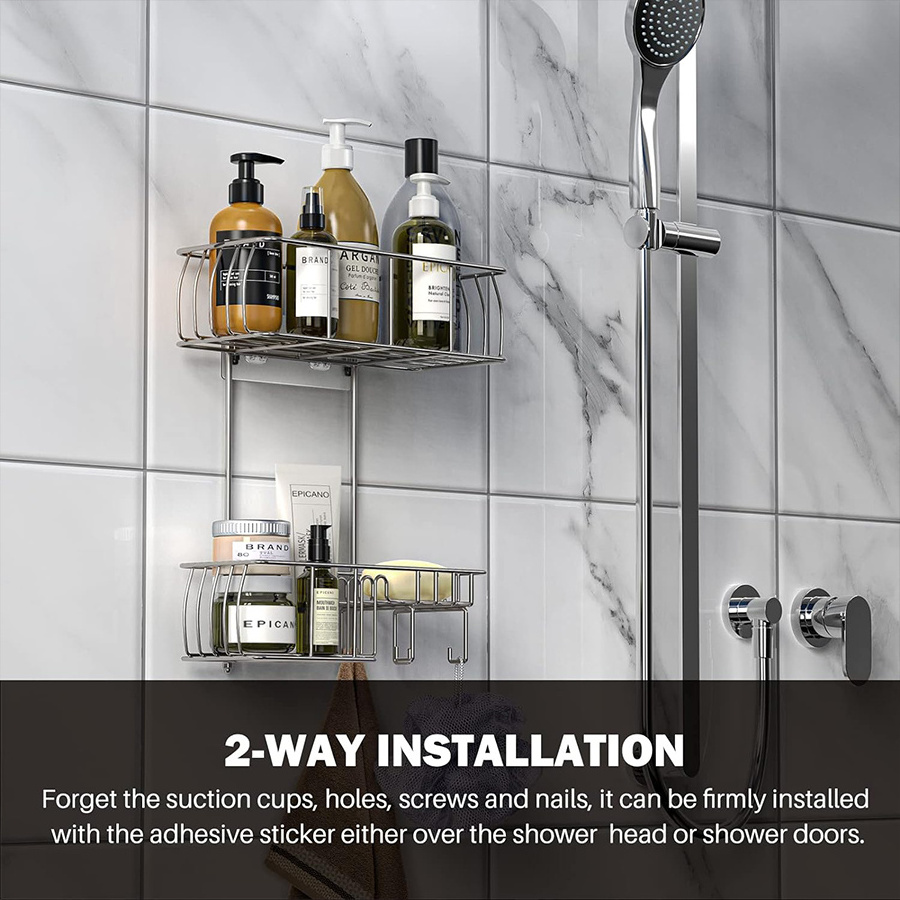 Anti-Swing Hanging Shower Caddy Stainless Steel, Over Head Shower Caddy Rustproof with hooks for Towels, Sponge and more