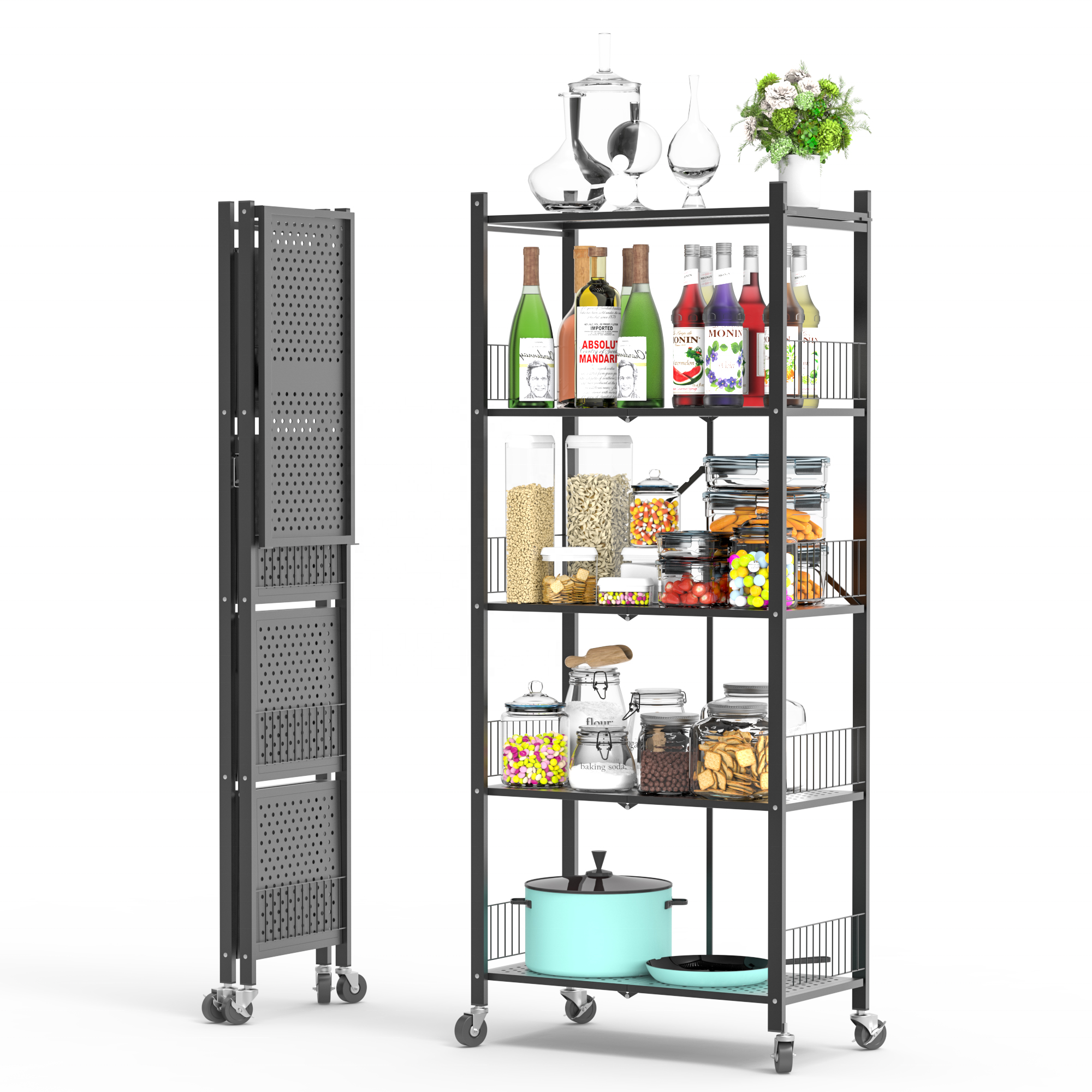 Storage Racks & Shelving Units Folding Metal Rack Storage Collapsible Kitchen Shelf 5 Tier