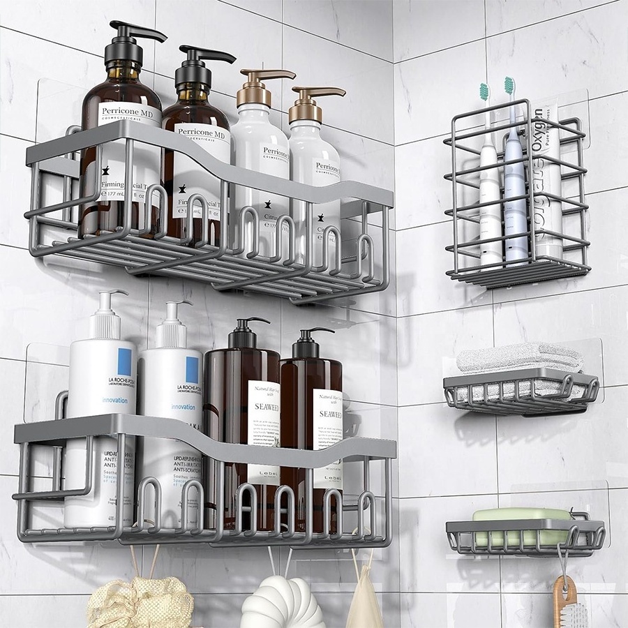 No Drilling Adhesive Customized Bathroom Holder Gel Shampoo Shelves Shower Caddy 5 Pieces