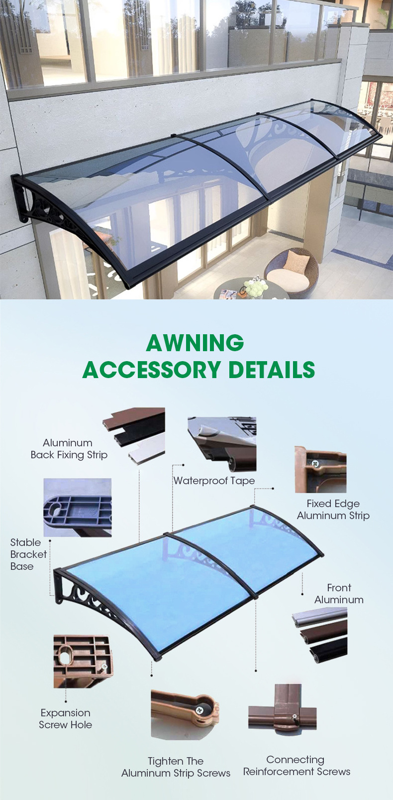 Door Canopy Front Door Or Window Canopy Arched Awning Polycarbonate Sheets Rain Snow Protection Cover Eaves Canopy