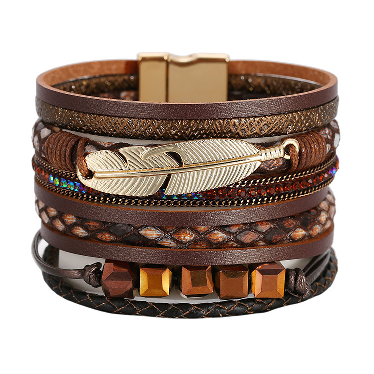 Gelang Kulit Multi Layered Wrist Strand Crystal Leather Cuff Bracelet Bangle Wide Magnetic Feather Leaf Leather Bracelets