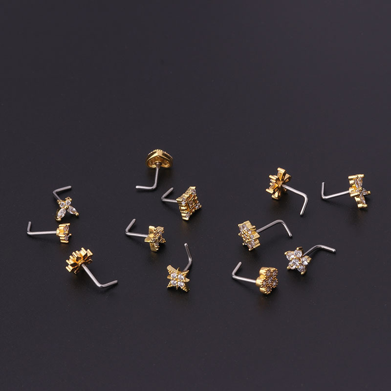 OEM Stainless Steel L Shaped Nose Studs Flower Cubic Zircon Nostril Bone Screw Indian Nose Ring Piercing