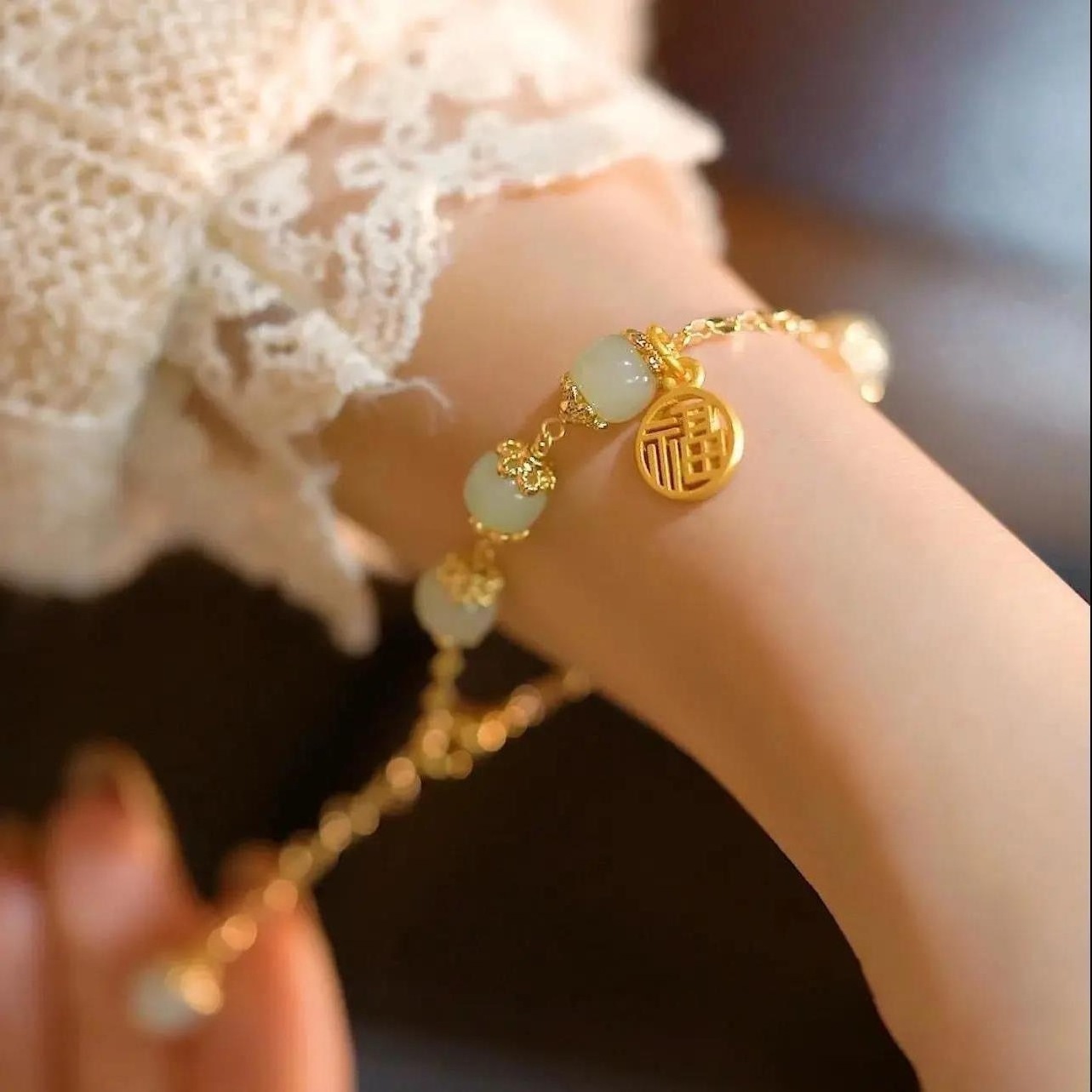 Gold luck blessing bracelet female natural hetian jade green stone retro Fu bracelet women