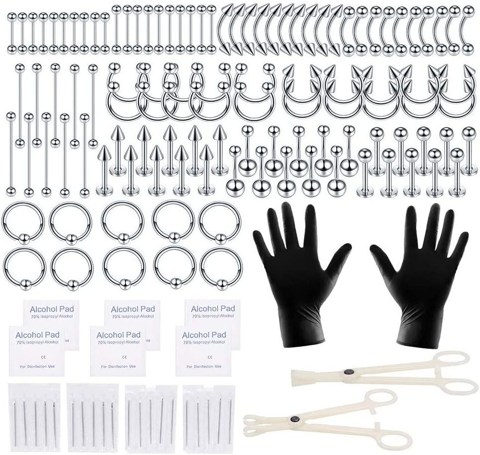 Professional Tattoo Piercing Tool Kit 140pcs/set Stainless Steel Nose Lip Tongue Cartilage Ring Body Jewelry Nose Ring Set