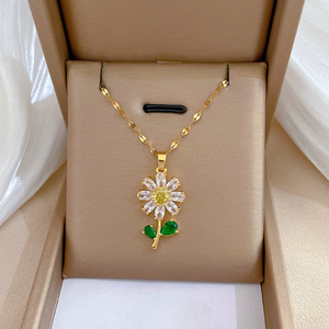 Halskade Full Zircon Crystal Flower Pendant Vintage Elegant 18K Gold Plated Stainless Steel Chain Flower Necklace