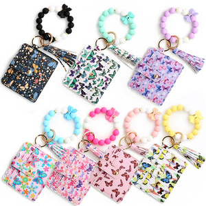 IN STOCK Fashion Butterfly Purse Keychain Women PU Leather Silicone Beads Bracelet Card Holder Wallet Tassel Keychain