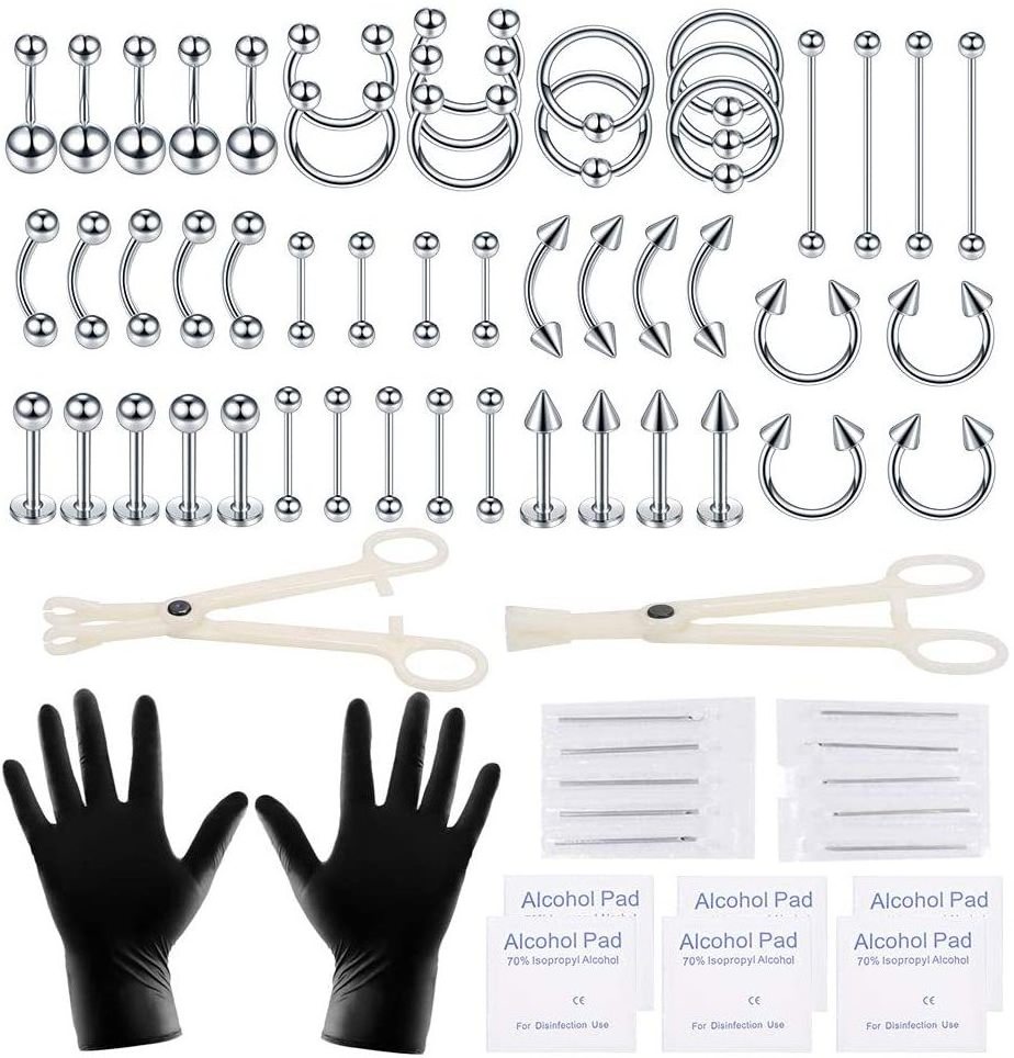 Professional Tattoo Piercing Tool Kit 140pcs/set Stainless Steel Nose Lip Tongue Cartilage Ring Body Jewelry Nose Ring Set