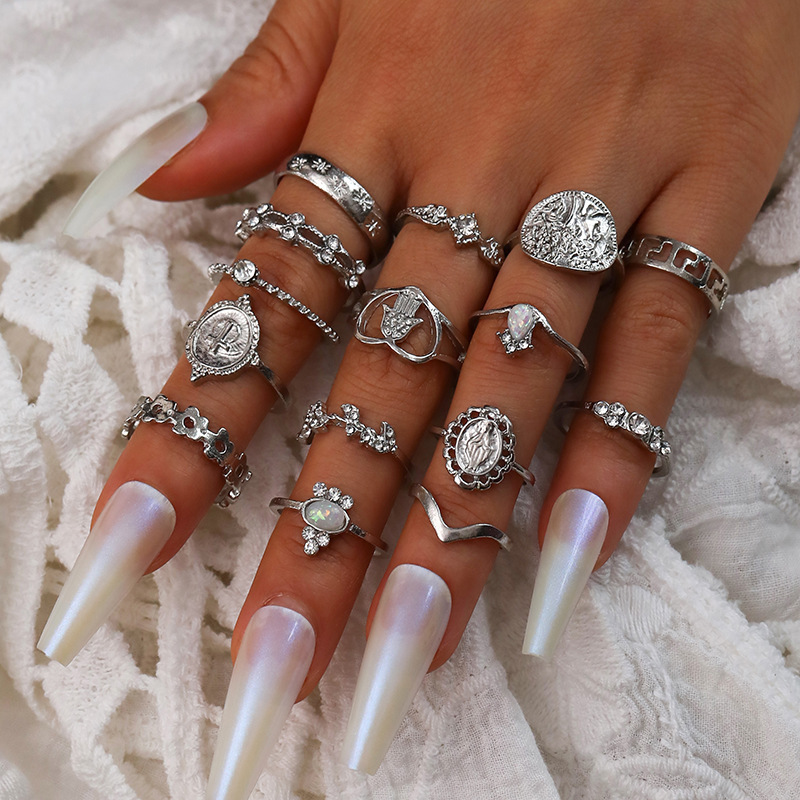 frauen schmuck Vintage Beauty Coin Cross Crystal Knuckle Ring Set Good Quality Antique Gold Plated Geometric Hand Rings