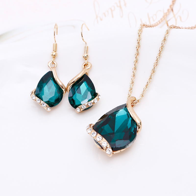 New Colorful Crystal Wedding Jewelry Set Gold Plated Women Waterdrop Dangle Earrings And Necklace Set