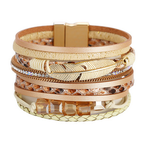 Gelang Kulit Multi Layered Wrist Strand Crystal Leather Cuff Bracelet Bangle Wide Magnetic Feather Leaf Leather Bracelets