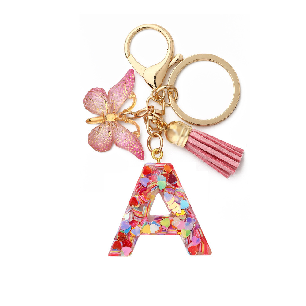 Women A-Z Letter Drop Heart Sequin Resin Keyring 26 Alphabet Initial Letter Pendant Plush Pompom Letter Keychain