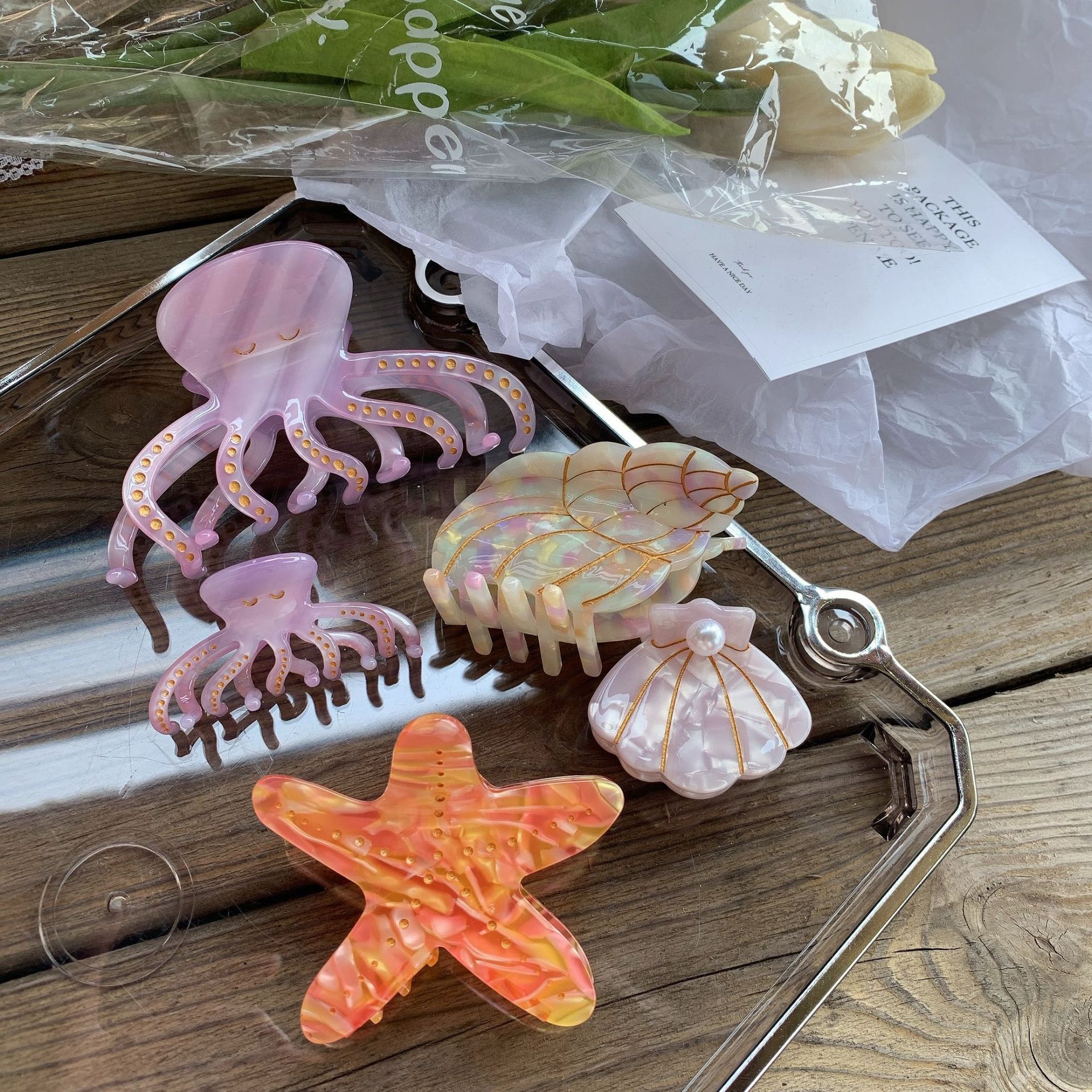 2023 Fun Designer Ocean Series Shell Sea Star Octopus Shape Acetate Hair Claw Clip New French Acetate Hair Accessories for Women