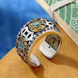 Natural Turquoise Stone Rotating Five Emperors Ring For Men'S Vintage Ethnic Style Good Lucky Money Coin Finger Rings Jewelry