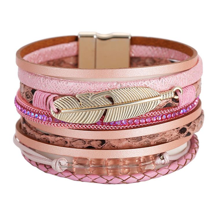 Gelang Kulit Multi Layered Wrist Strand Crystal Leather Cuff Bracelet Bangle Wide Magnetic Feather Leaf Leather Bracelets