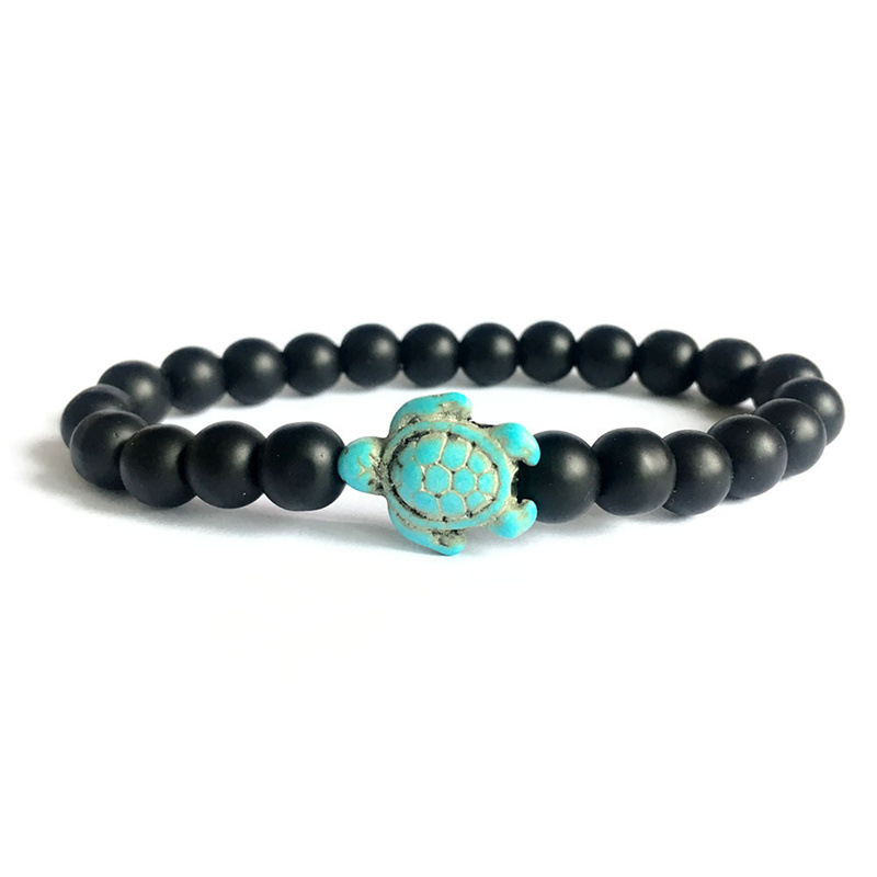 8MM Ocean Protect Sea Turtle Charm Bracelet Black Turquoise Natural Stone Healing Crystal Stretch Beaded Round Bracelet Women