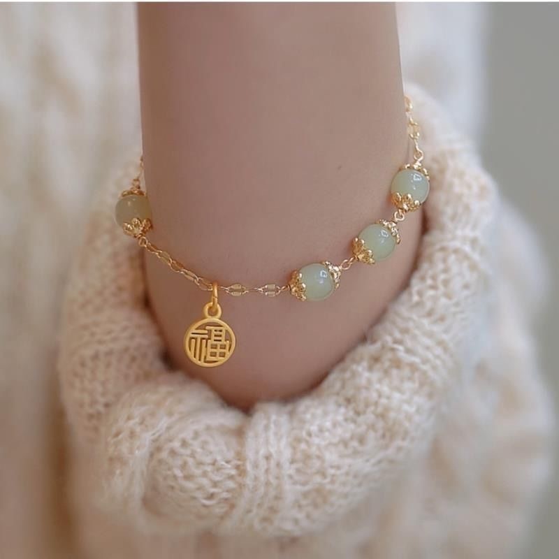 Gold luck blessing bracelet female natural hetian jade green stone retro Fu bracelet women