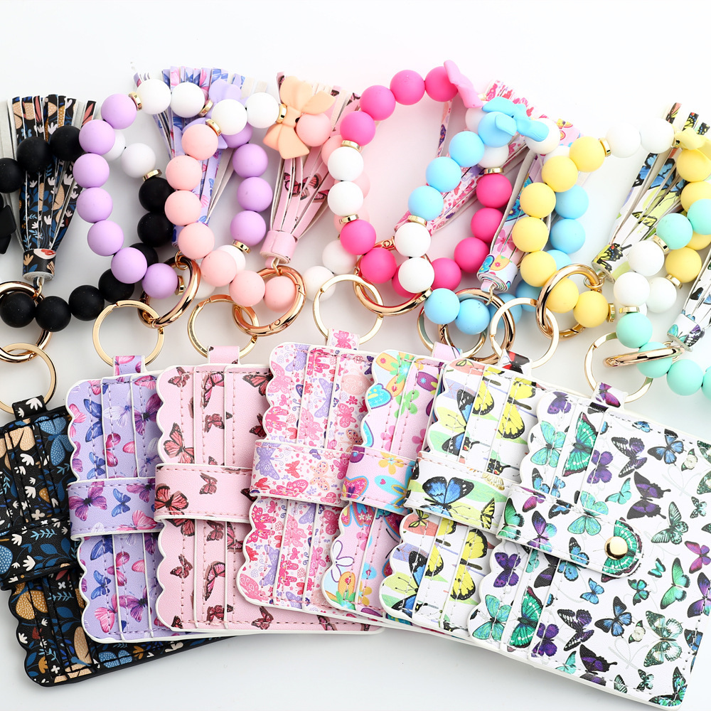 IN STOCK Fashion Butterfly Purse Keychain Women PU Leather Silicone Beads Bracelet Card Holder Wallet Tassel Keychain