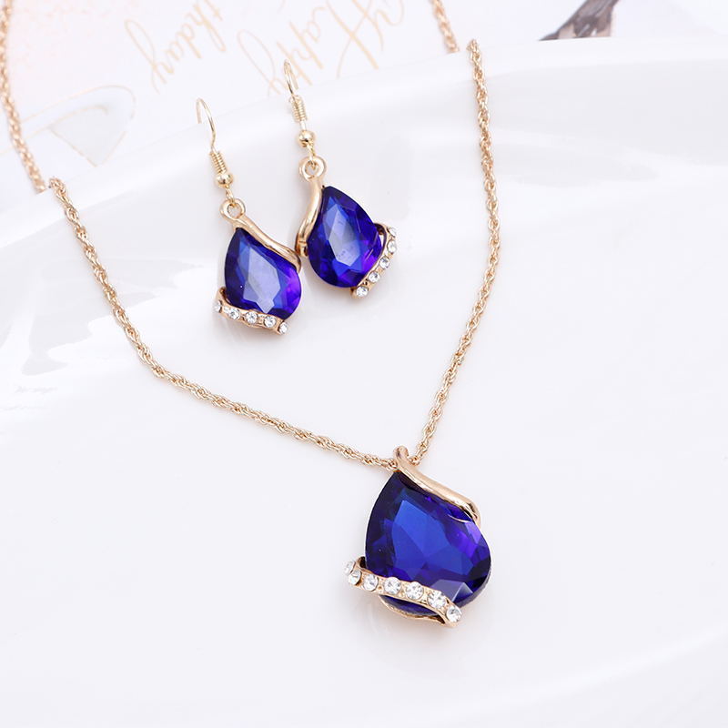 New Colorful Crystal Wedding Jewelry Set Gold Plated Women Waterdrop Dangle Earrings And Necklace Set