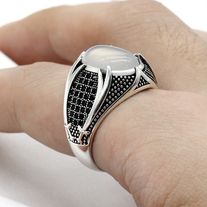 Retro Punk Islamic Rings Trendy Religious Muslim Jewelry Vintage Turkish Double Swords Black Stone Ring For Men